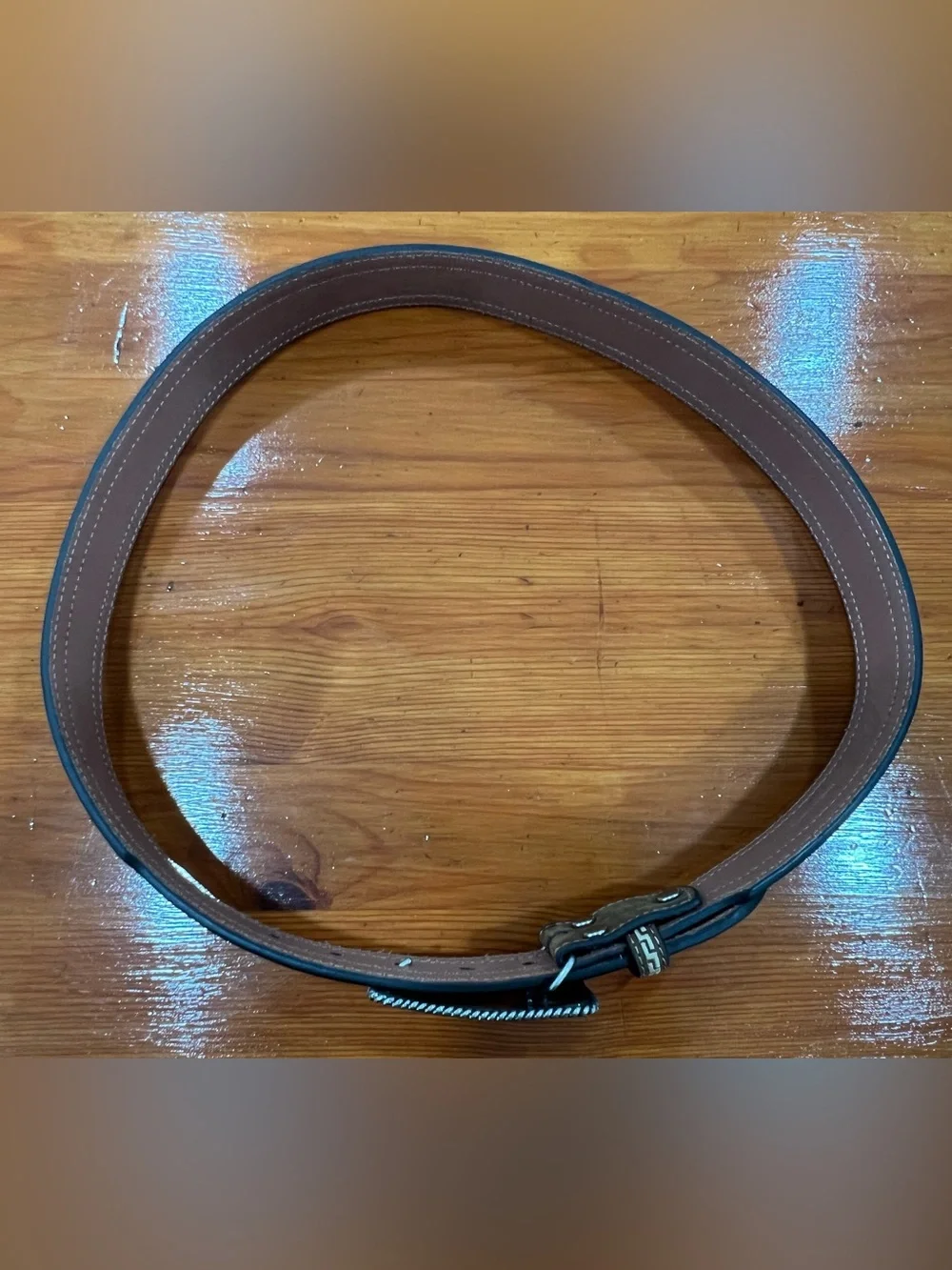 New Nocona Brown Leather Belt with Cream Embroidered Scroll Buckle